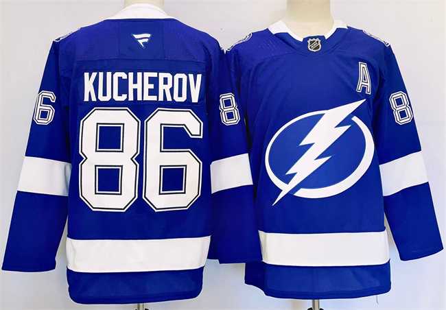 Mens Tampa Bay Lightning #86 Nikita Kucherov 2024-25 Blue Stitched Jersey